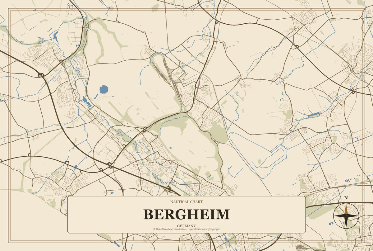Bergheim, Germany City Map Aluminum Sign in Heritage Nautical style