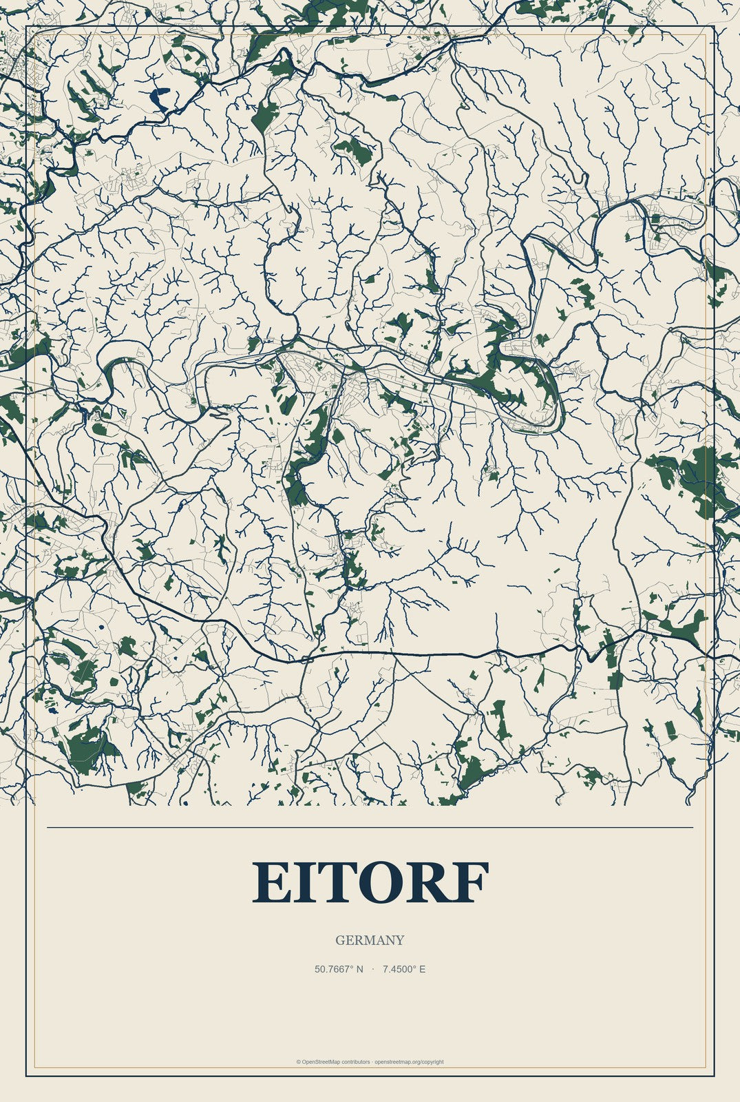 Eitorf, Germany City Map Aluminum Sign in Coastal Cutout style