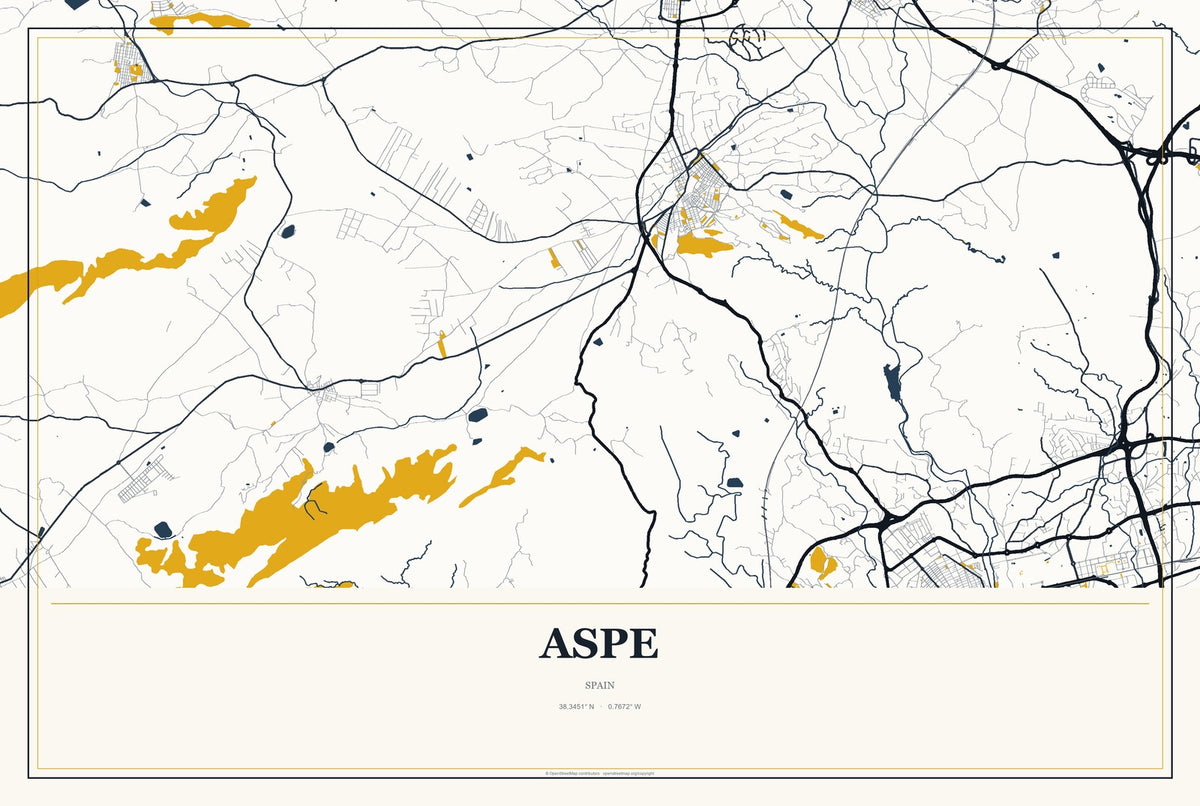 Aspe, Spain City Map Aluminum Sign in Citrine Modern style