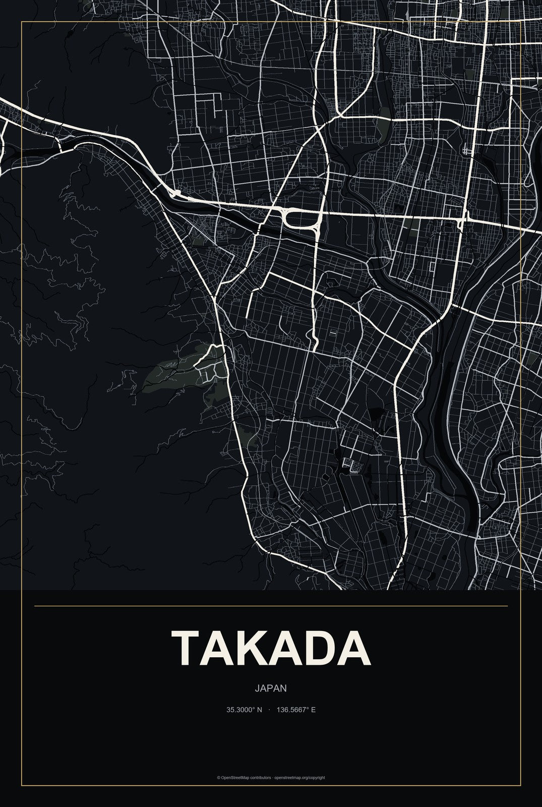 Takada, Japan City Map Aluminum Sign in Metropolitan Noir style