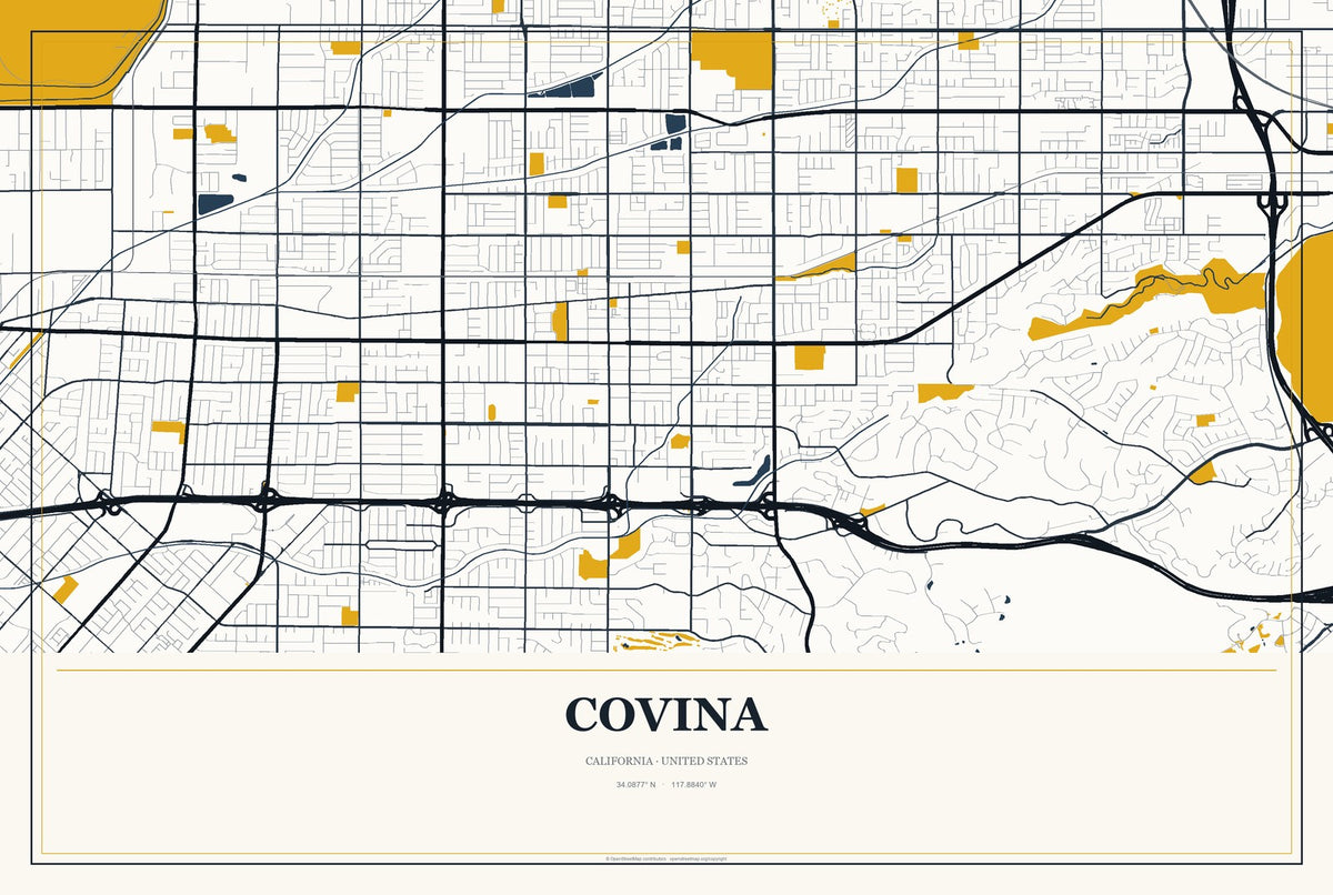 Covina, California City Map Aluminum Sign in Citrine Modern style