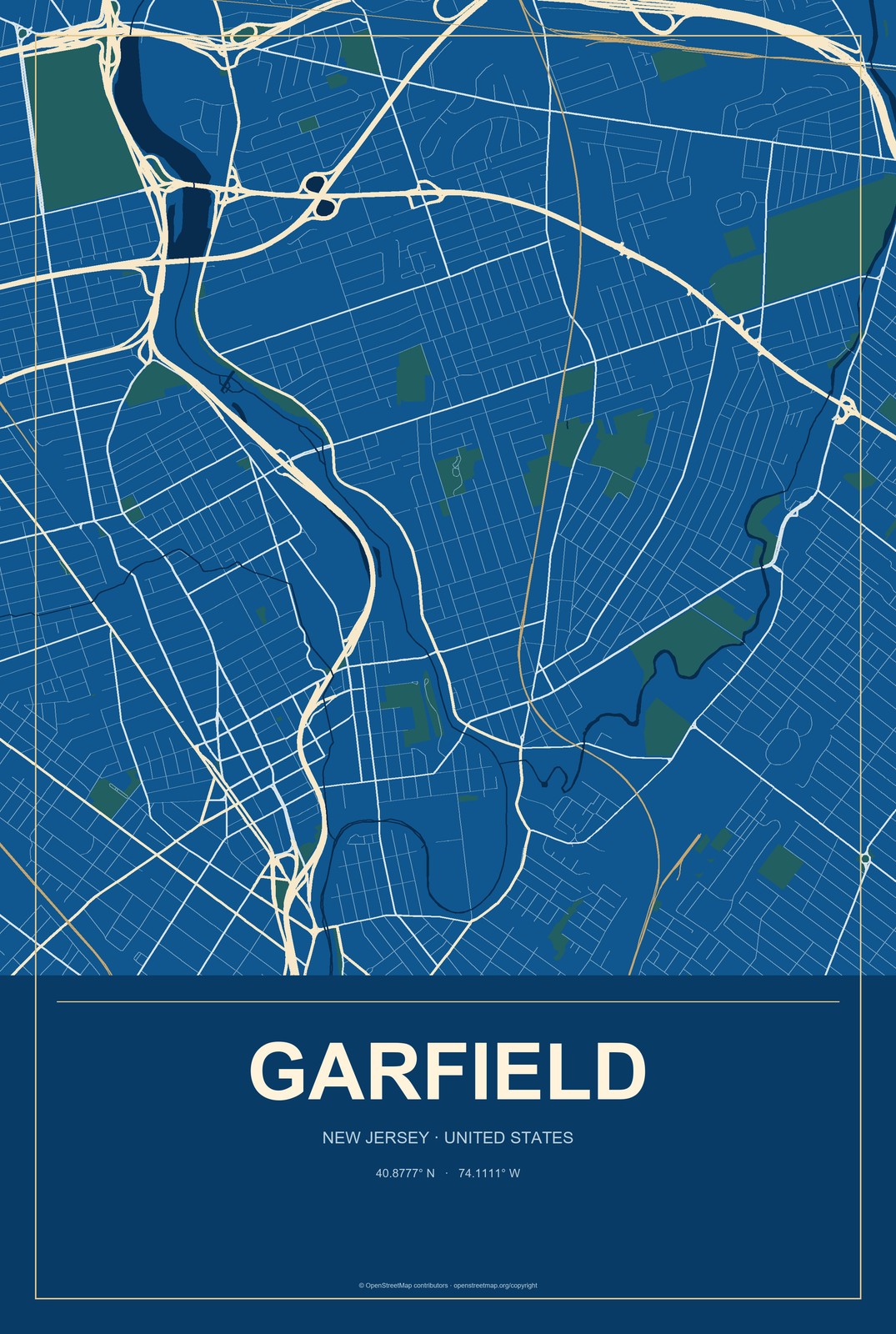 Garfield, New Jersey City Map Aluminum Sign in Harbor Cobalt style