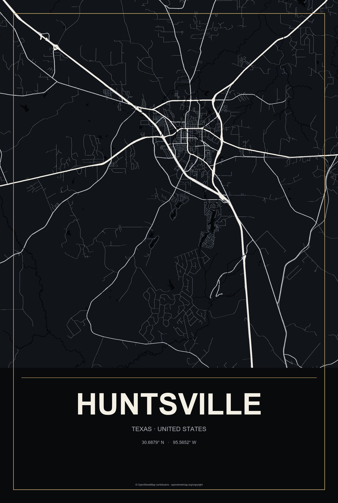 Huntsville, Texas City Map Aluminum Sign in Metropolitan Noir style