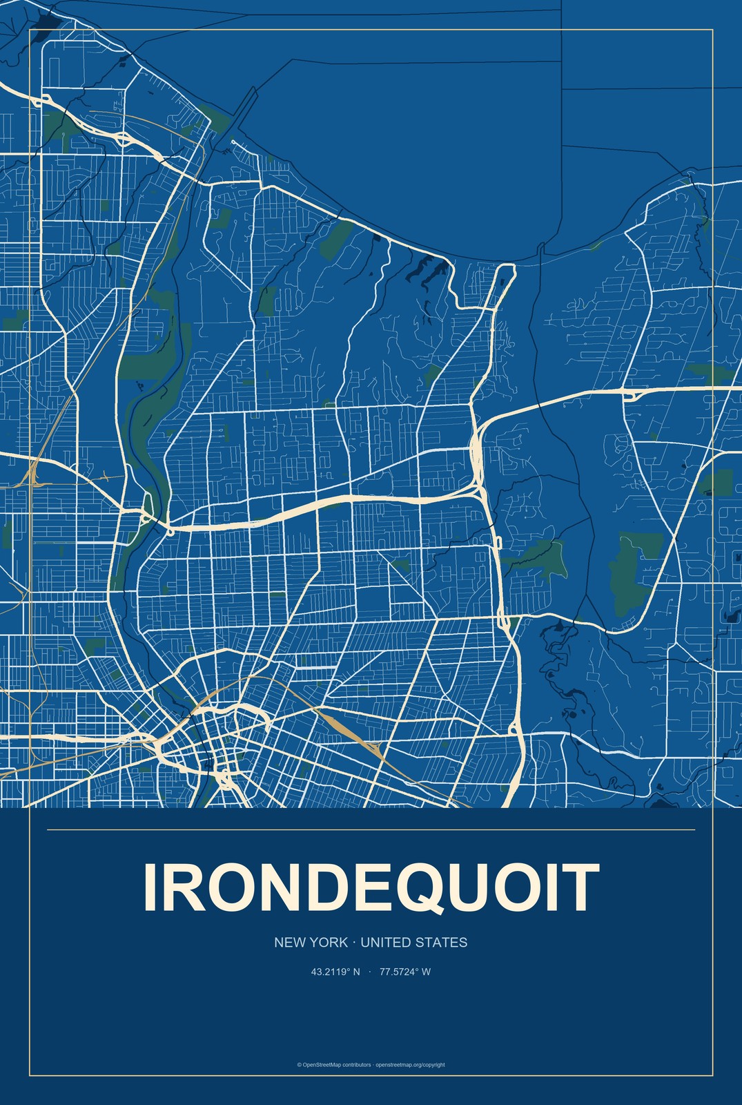 Irondequoit, New York City Map Aluminum Sign in Harbor Cobalt style