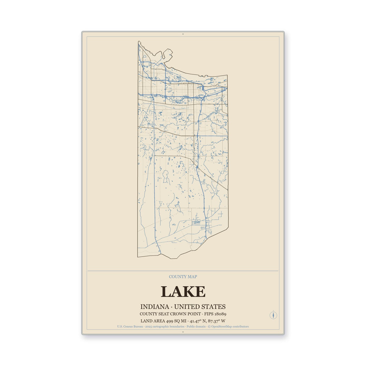 Lake County, Indiana Map Aluminum Sign in Heritage Nautical style