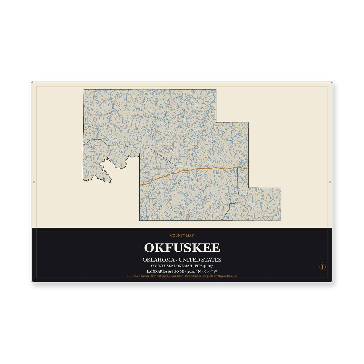 Okfuskee County, Oklahoma Map Aluminum Sign in Museum Plaque style