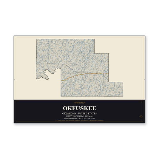 Okfuskee County, Oklahoma Map Aluminum Sign in Museum Plaque style