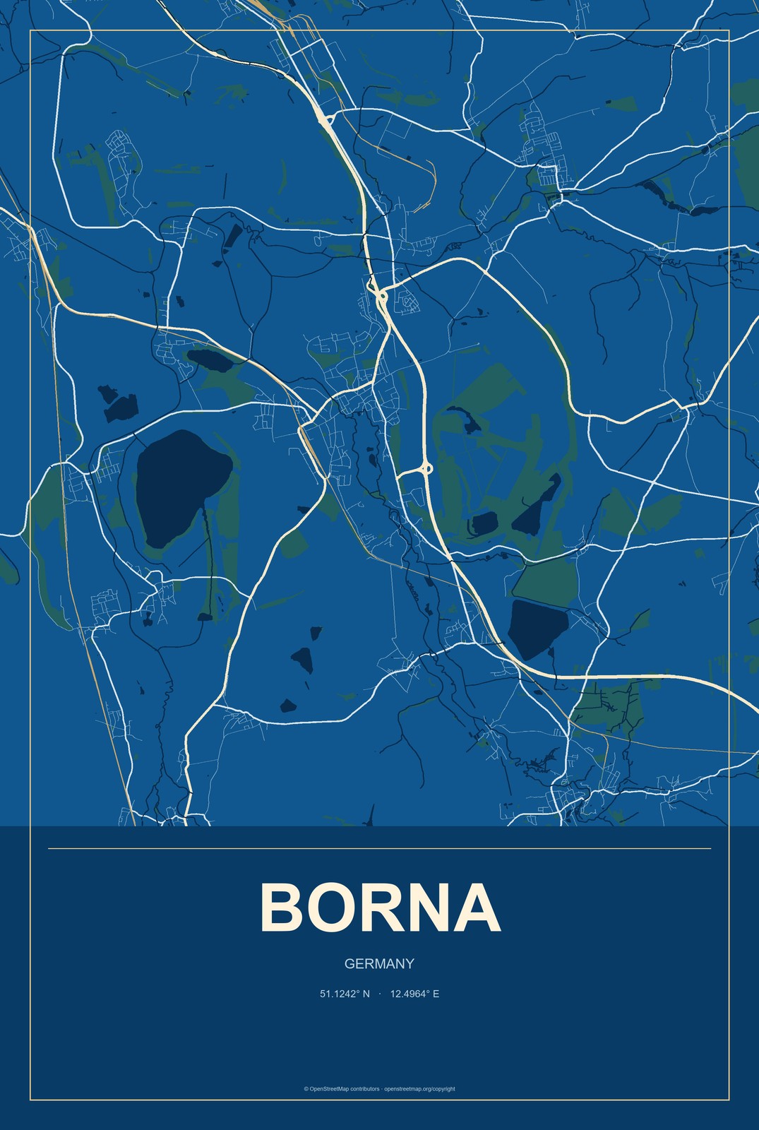 Borna, Germany City Map Aluminum Sign in Harbor Cobalt style
