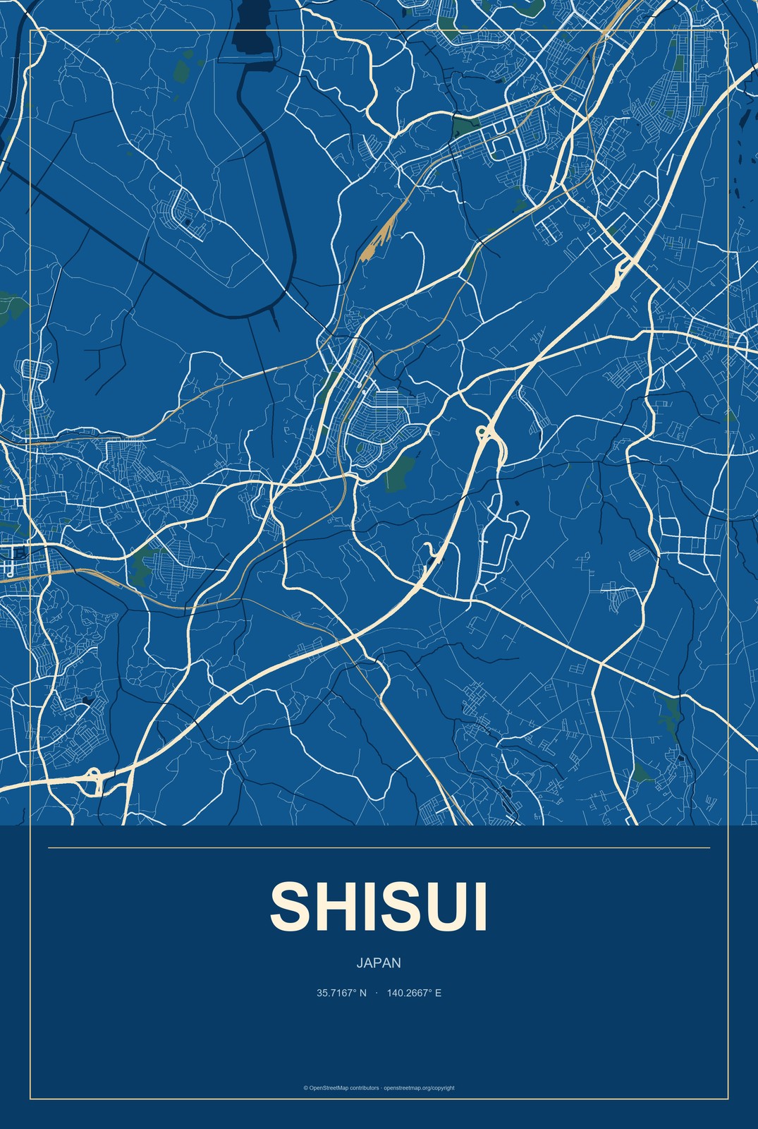 Shisui, Japan City Map Aluminum Sign in Harbor Cobalt style