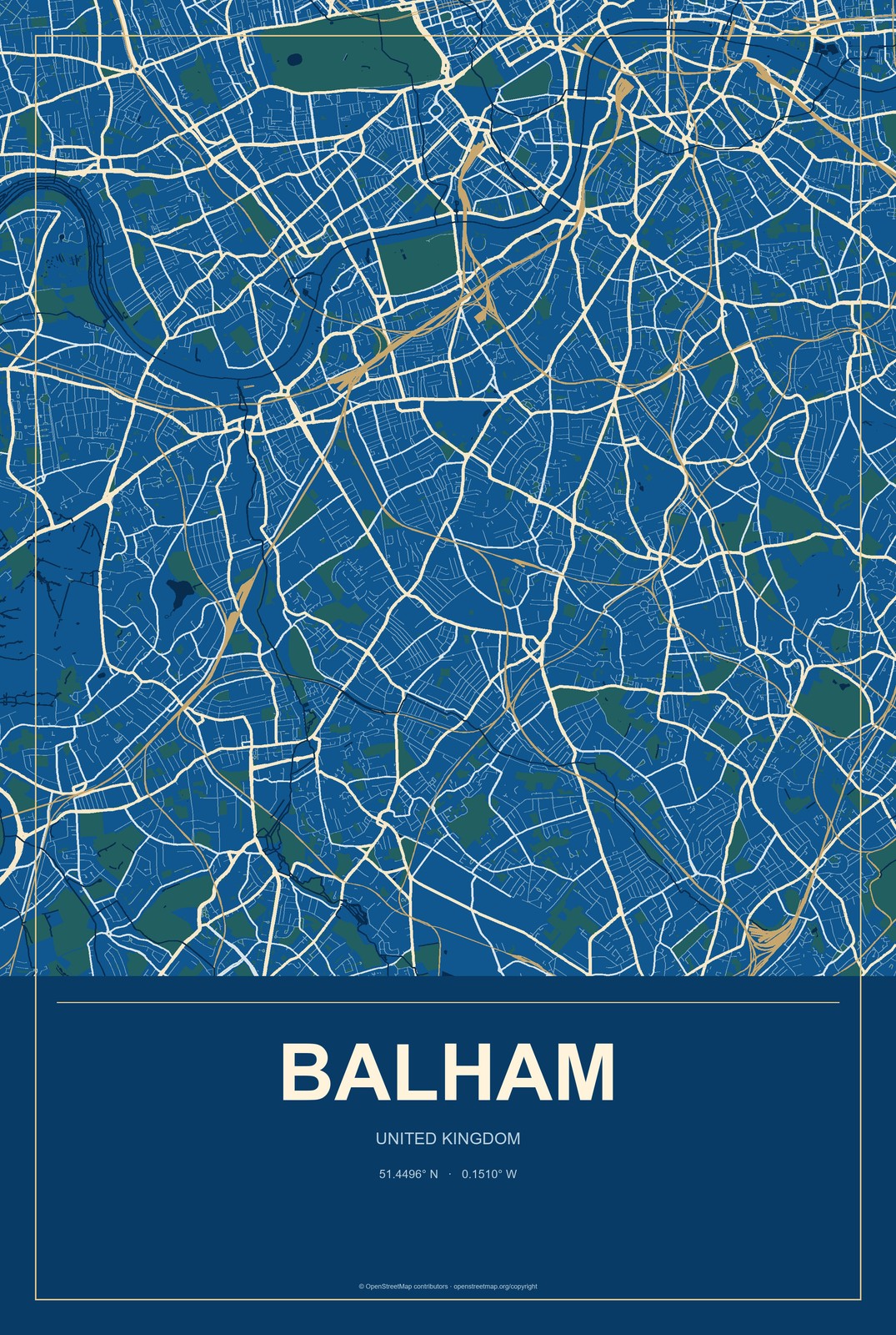 Balham, United Kingdom City Map Aluminum Sign in Harbor Cobalt style