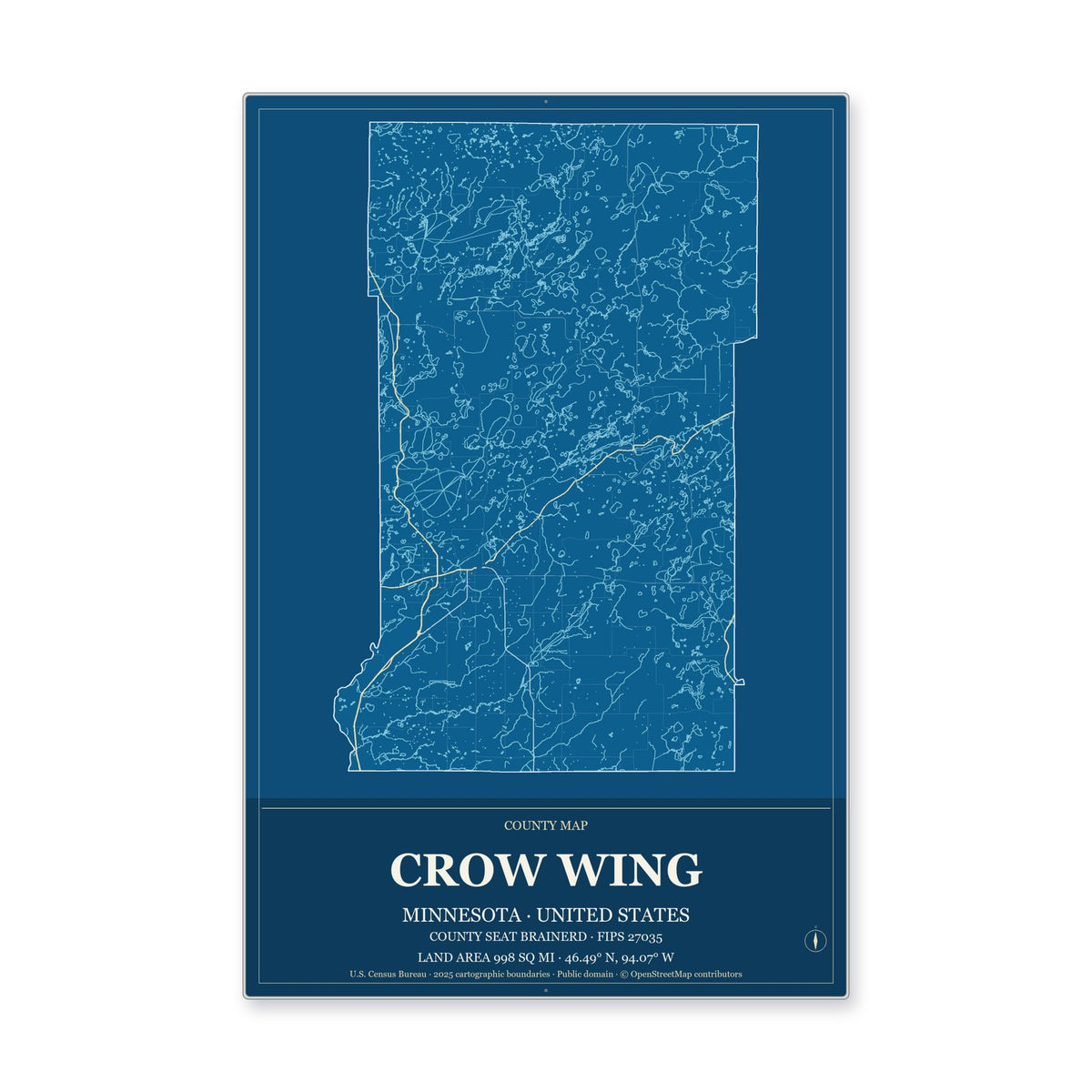 Crow Wing County, Minnesota Map Aluminum Sign in Harbor Cobalt style