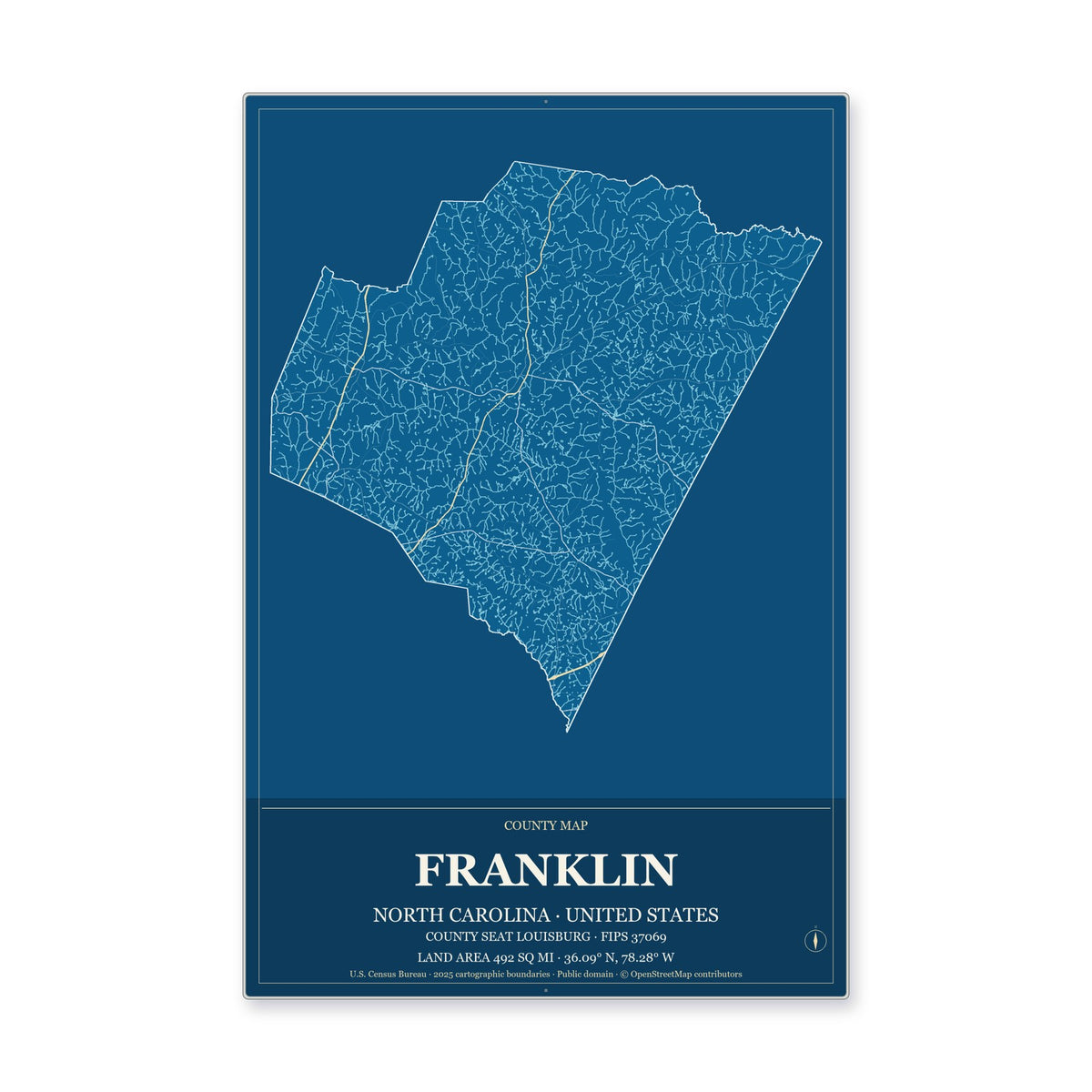 Franklin County, North Carolina Map Aluminum Sign in Harbor Cobalt style