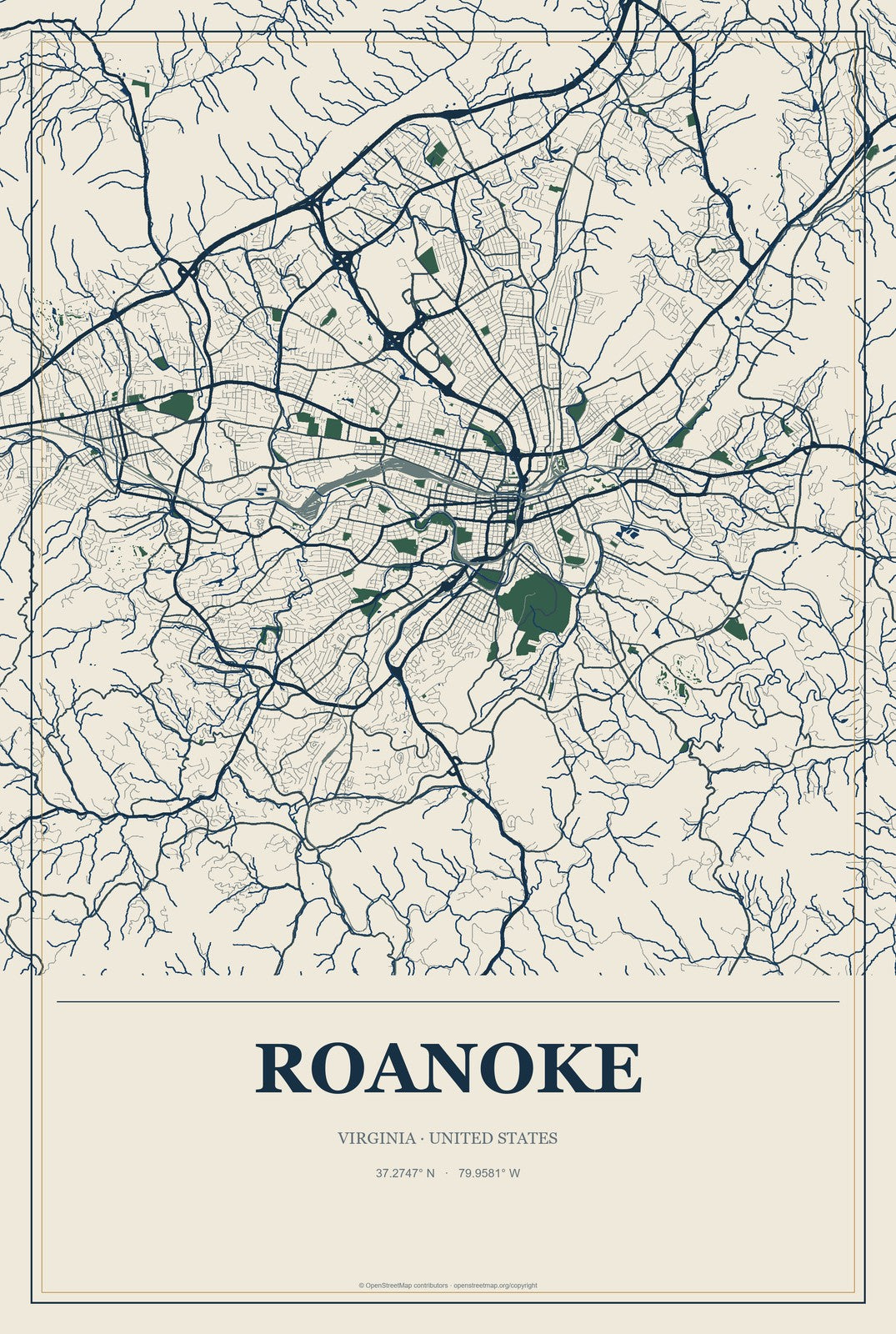 Roanoke, Virginia City Map Aluminum Sign in Coastal Cutout style