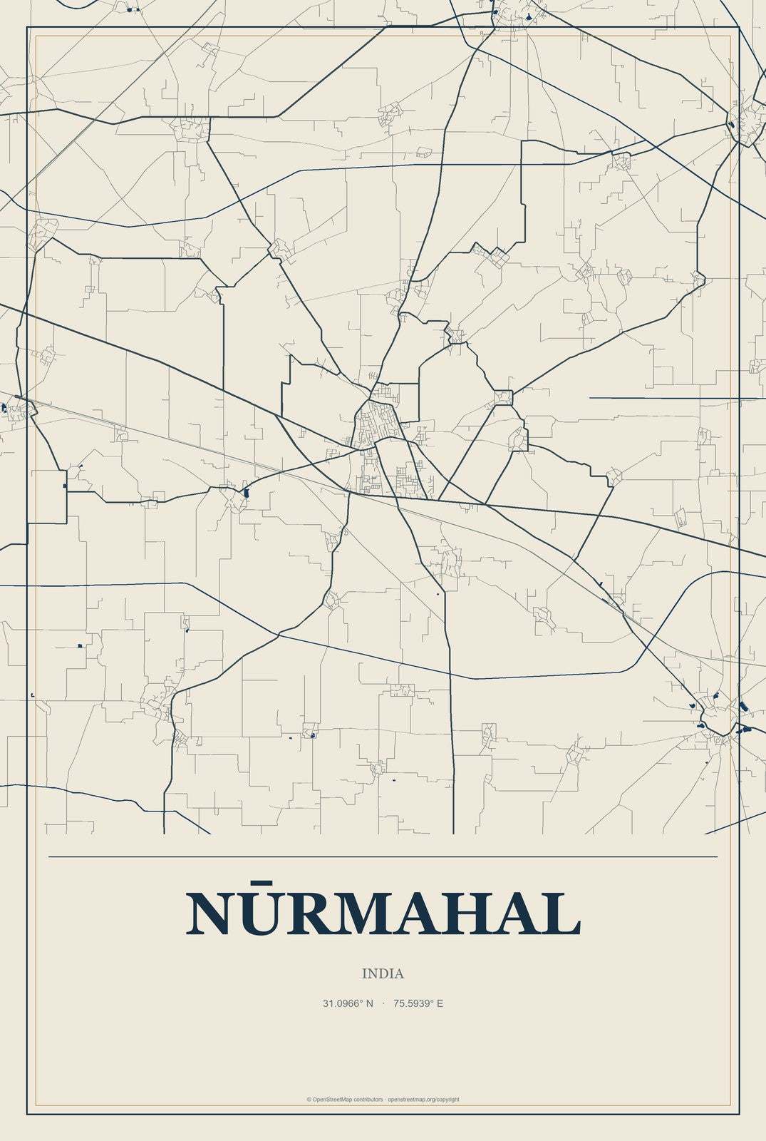 Nūrmahal, India City Map Aluminum Sign in Coastal Cutout style