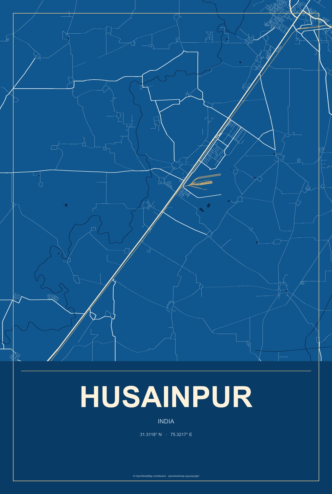 Husainpur, India City Map Aluminum Sign in Harbor Cobalt style
