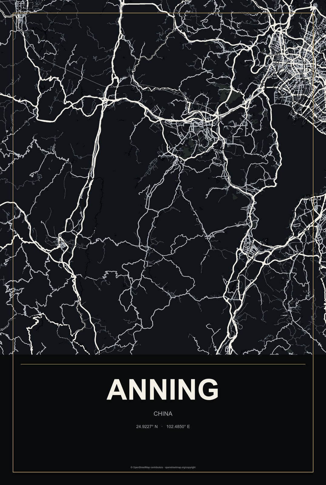 Anning, China City Map Aluminum Sign in Metropolitan Noir style