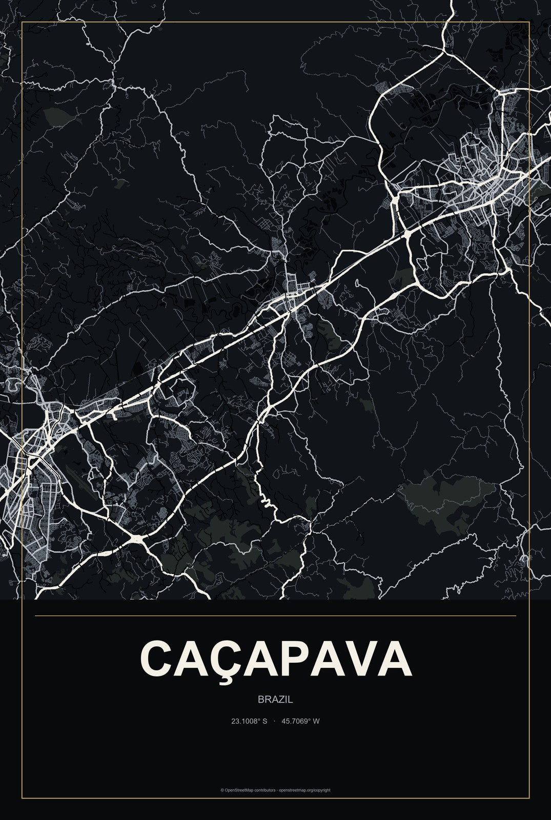 Caçapava, Brazil City Map Aluminum Sign in Metropolitan Noir style