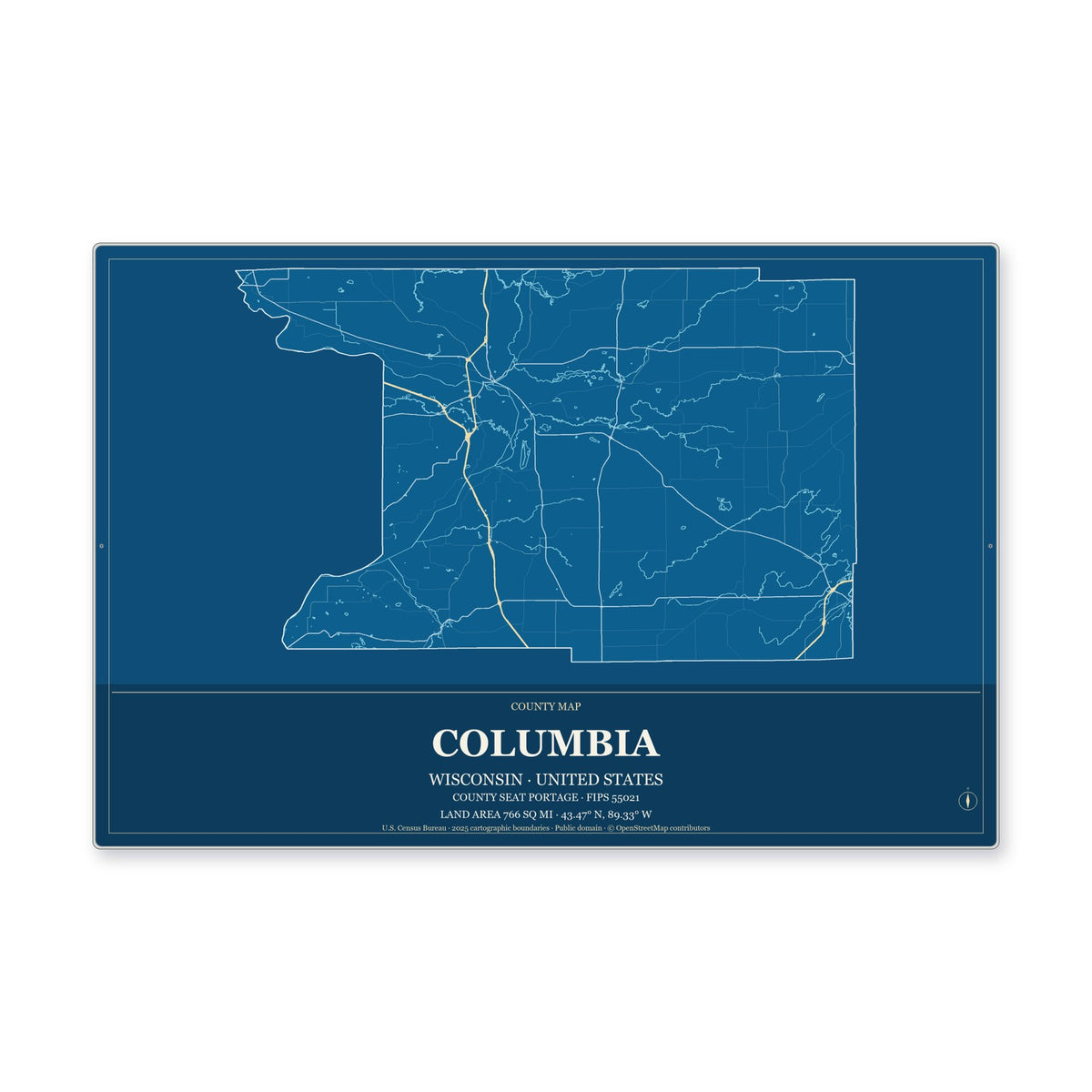 Columbia County, Wisconsin Map Aluminum Sign in Harbor Cobalt style