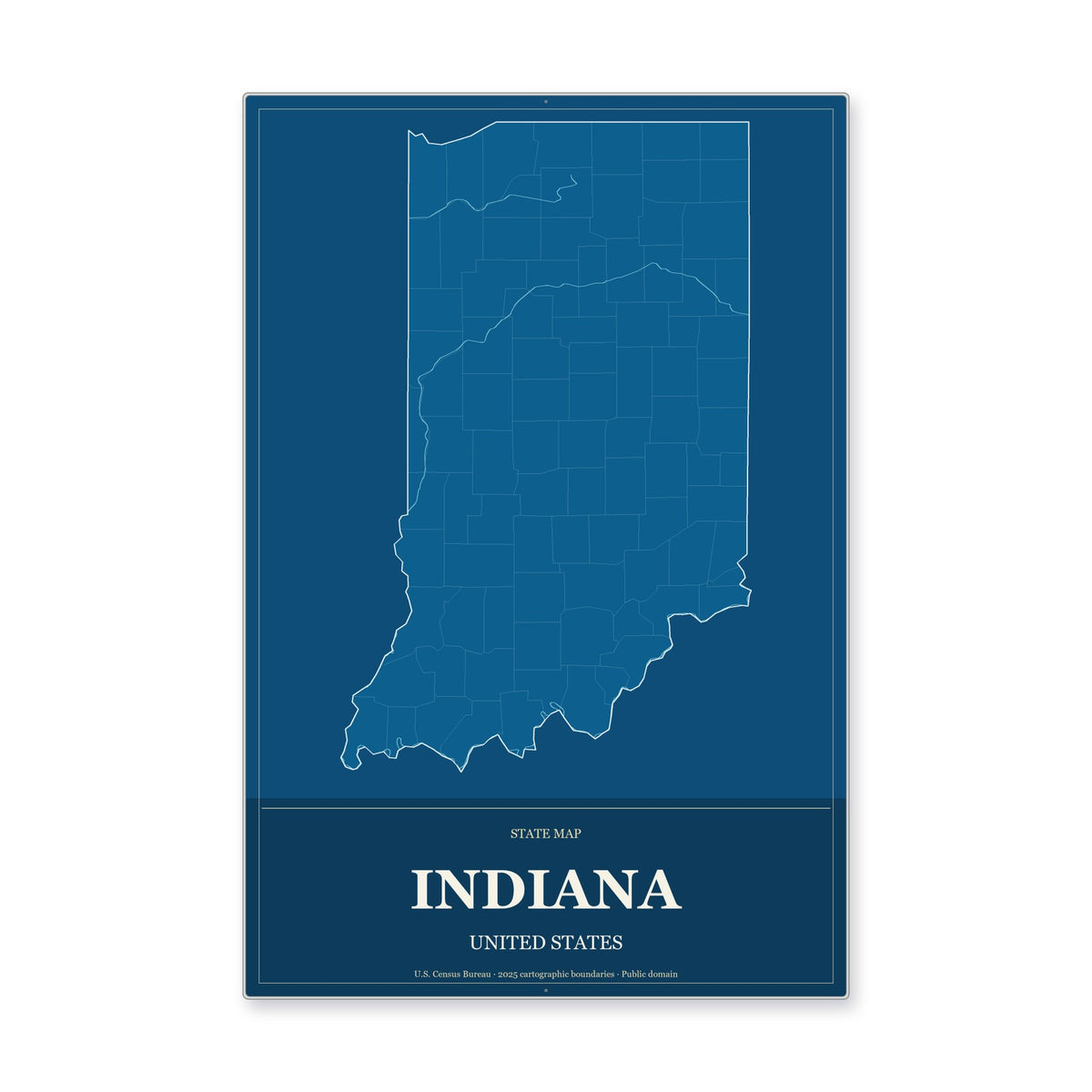 Indiana state map aluminum sign in Harbor Cobalt style