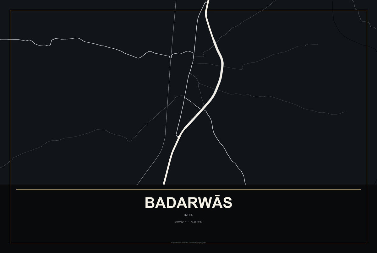 Badarwās, India City Map Aluminum Sign in Metropolitan Noir style
