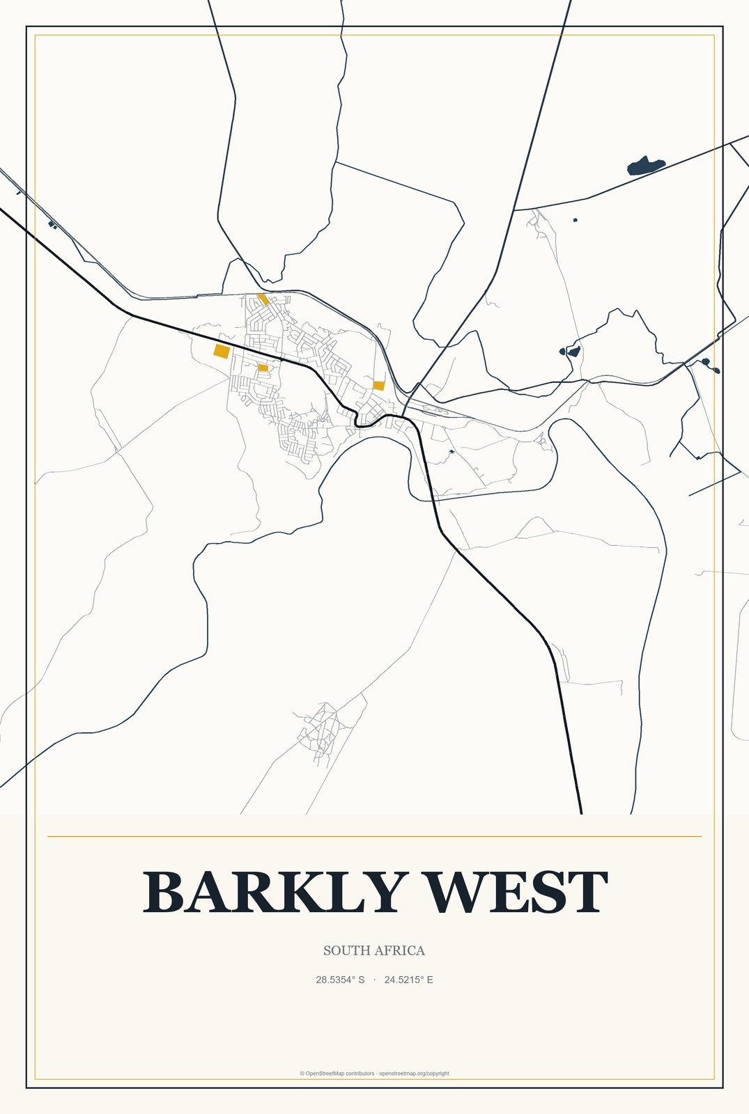 Barkly West, South Africa City Map Aluminum Sign in Citrine Modern style