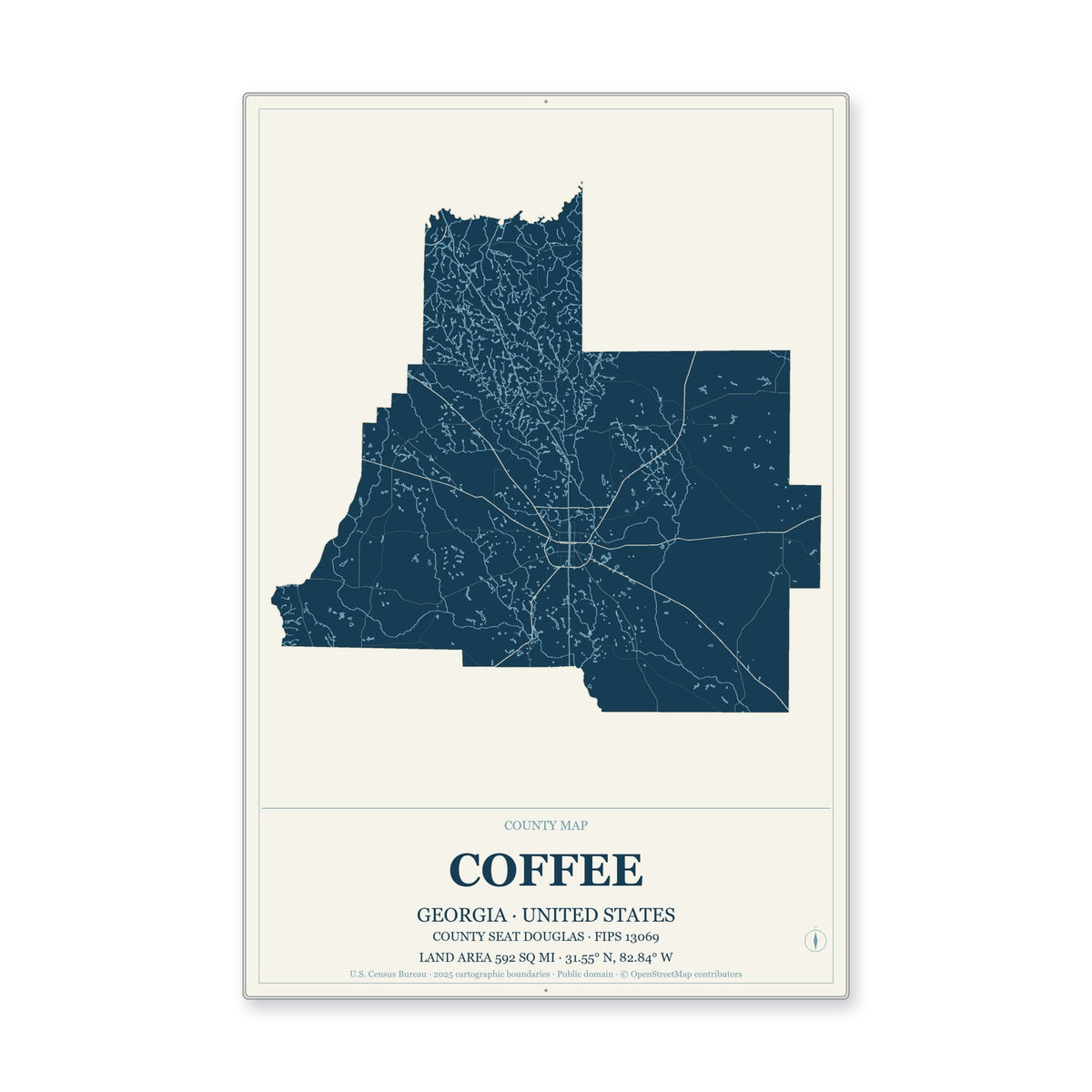 Coffee County, Georgia Map Aluminum Sign in Coastal Cutout style