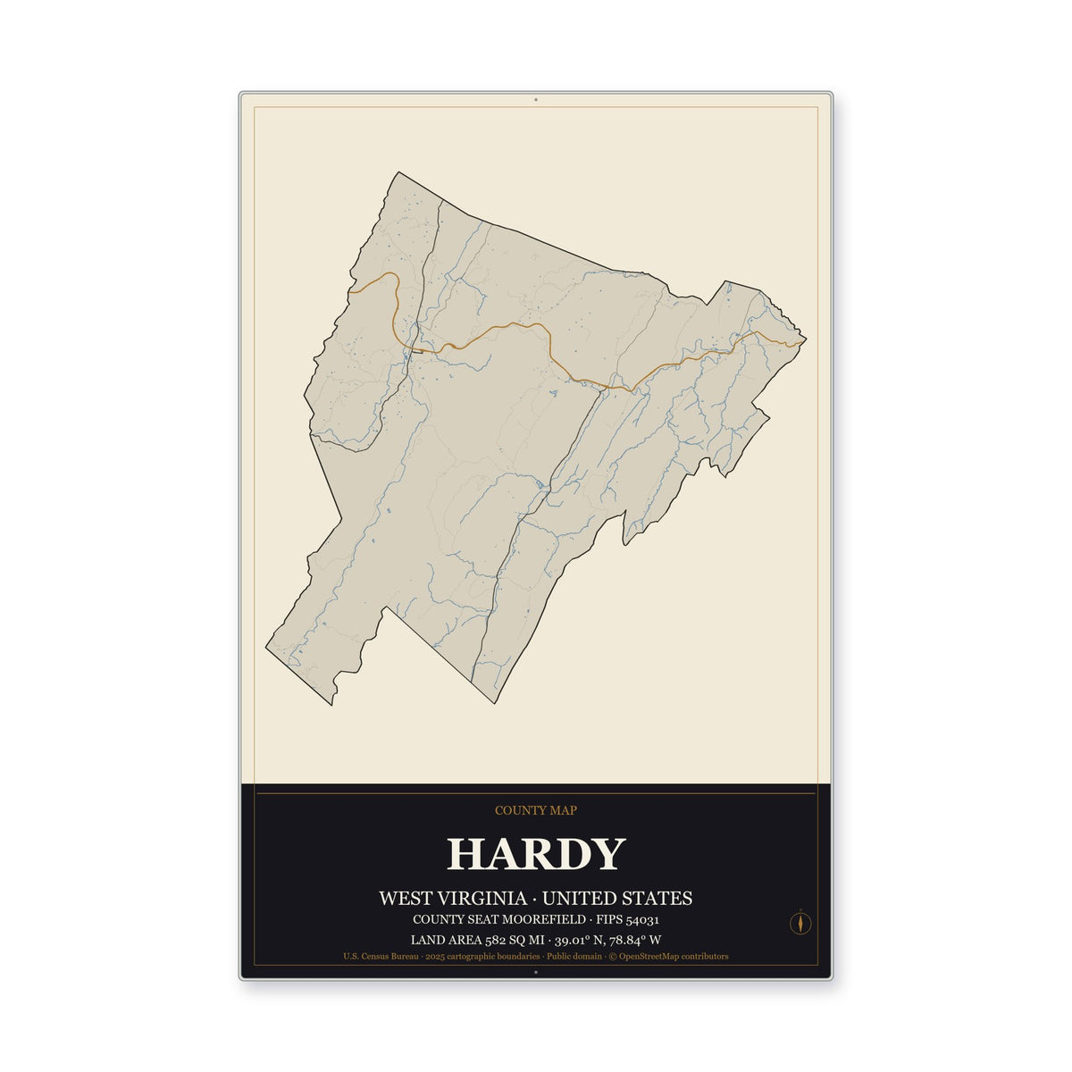 Hardy County, West Virginia Map Aluminum Sign in Museum Plaque style