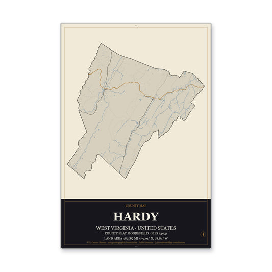 Hardy County, West Virginia Map Aluminum Sign in Museum Plaque style