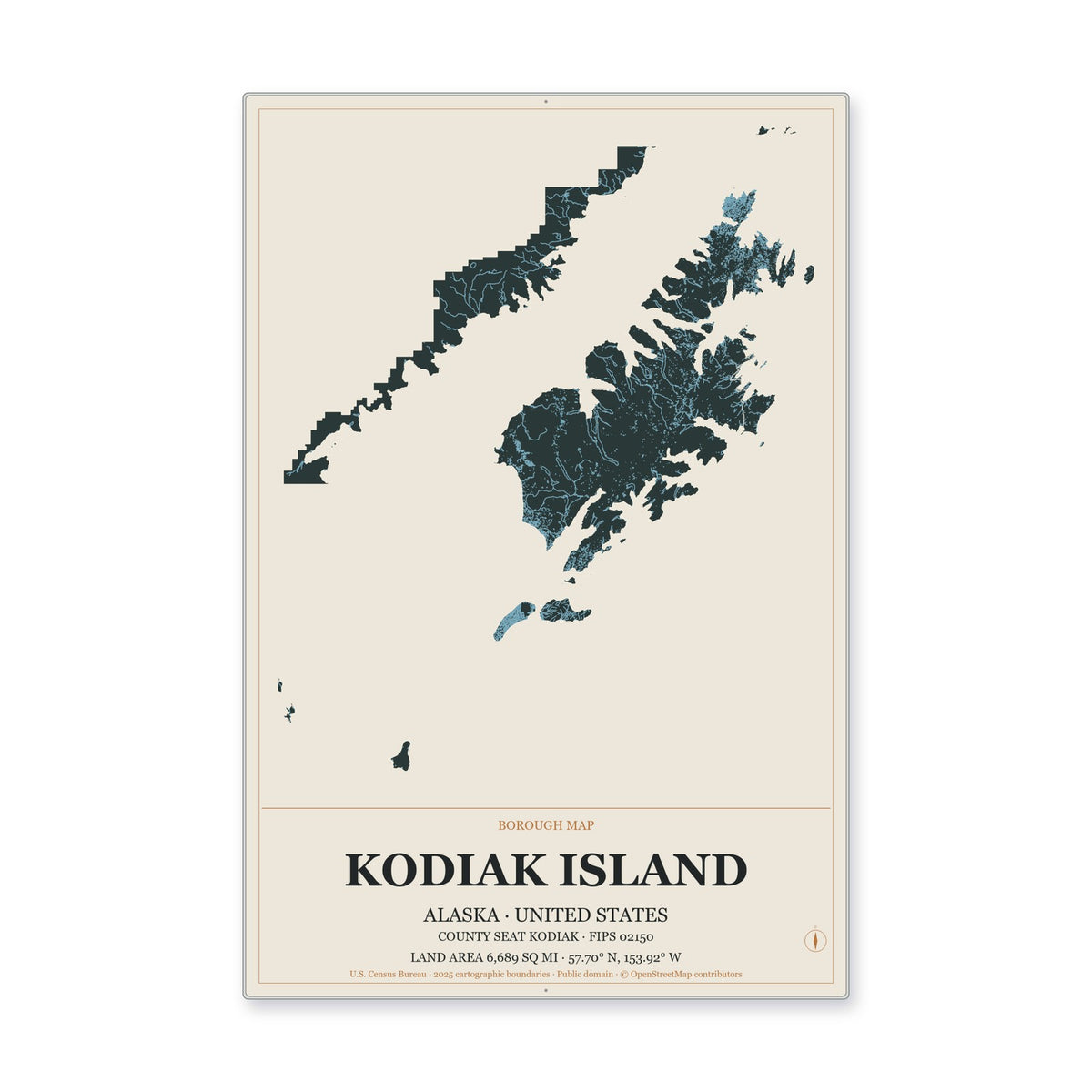Kodiak Island Borough, Alaska Map Aluminum Sign in Headline Atlas style