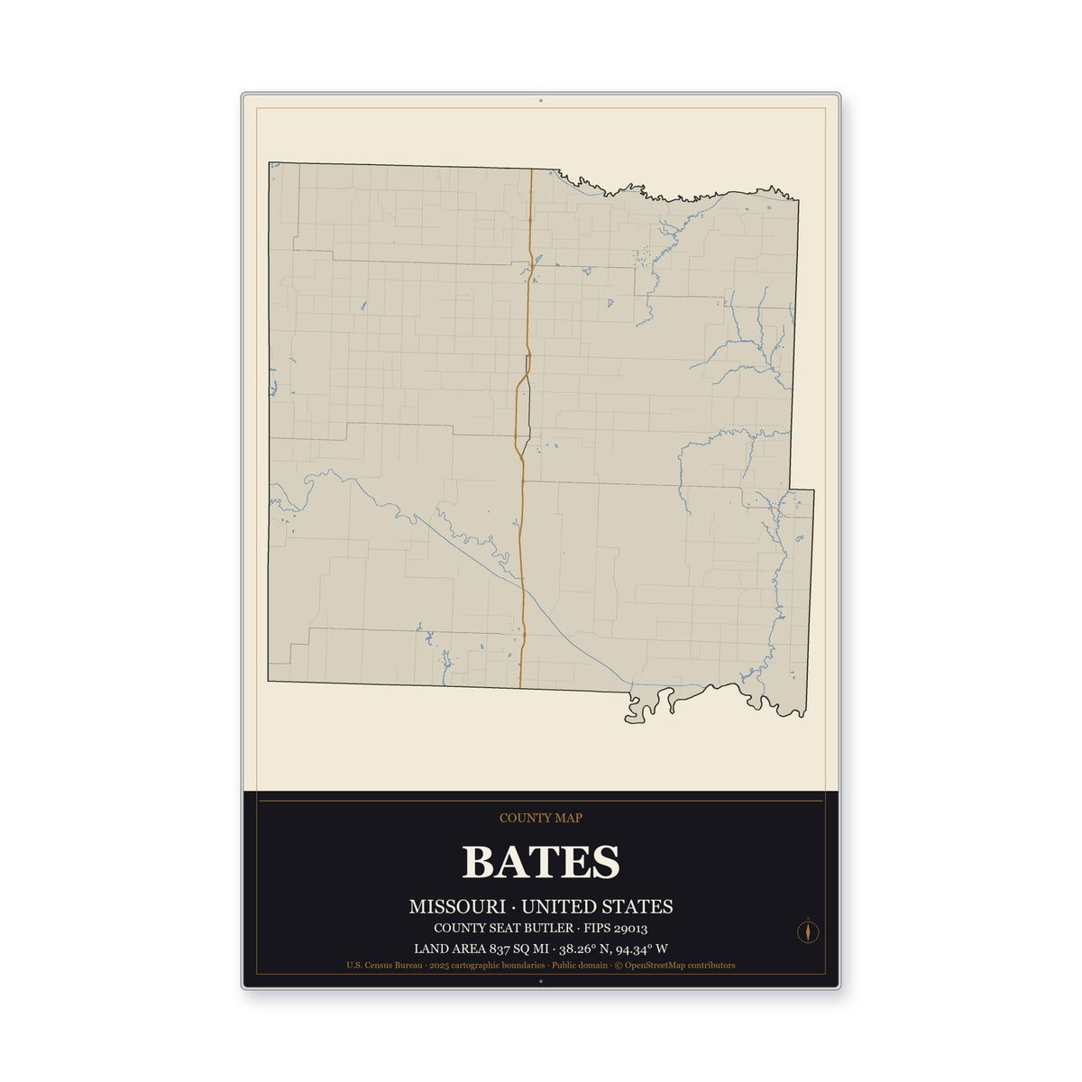 Bates County, Missouri Map Aluminum Sign in Museum Plaque style