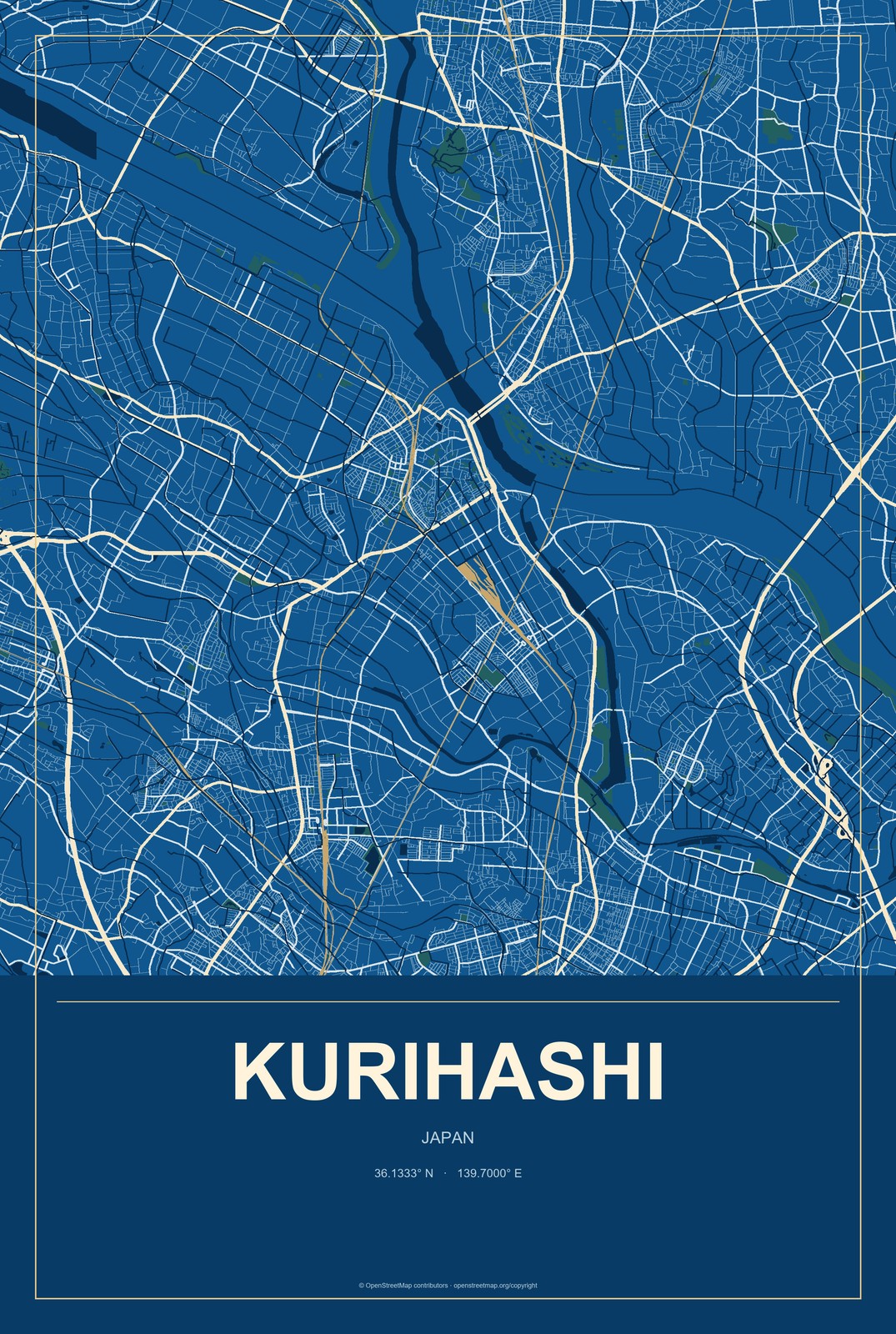 Kurihashi, Japan City Map Aluminum Sign in Harbor Cobalt style
