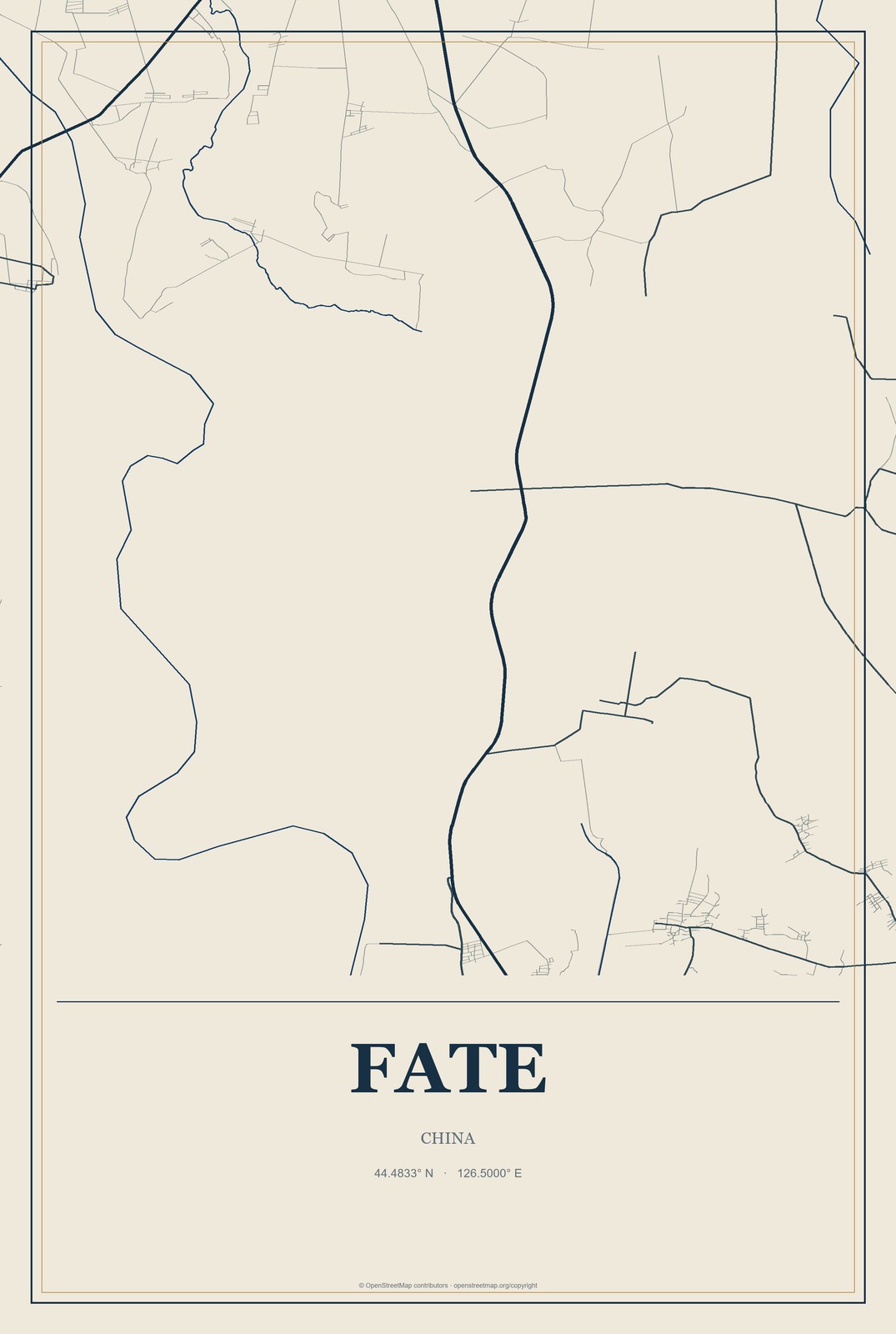 Fate, China City Map Aluminum Sign in Coastal Cutout style