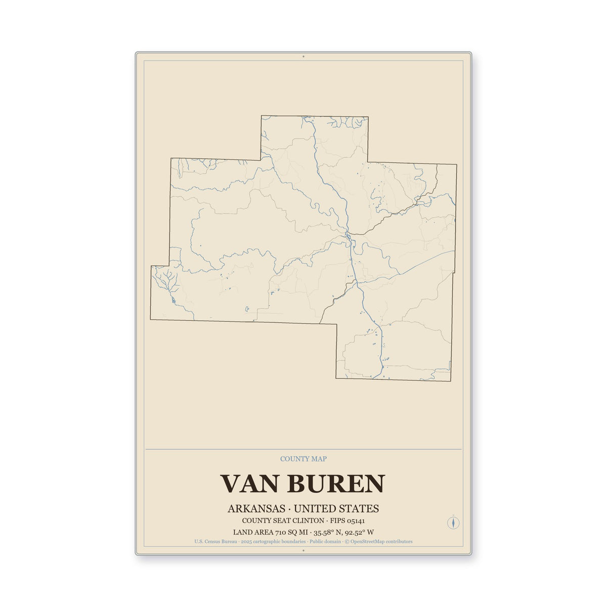 Van Buren County, Arkansas Map Aluminum Sign in Heritage Nautical style