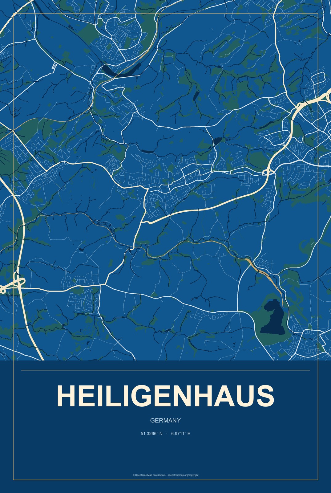 Heiligenhaus, Germany City Map Aluminum Sign in Harbor Cobalt style