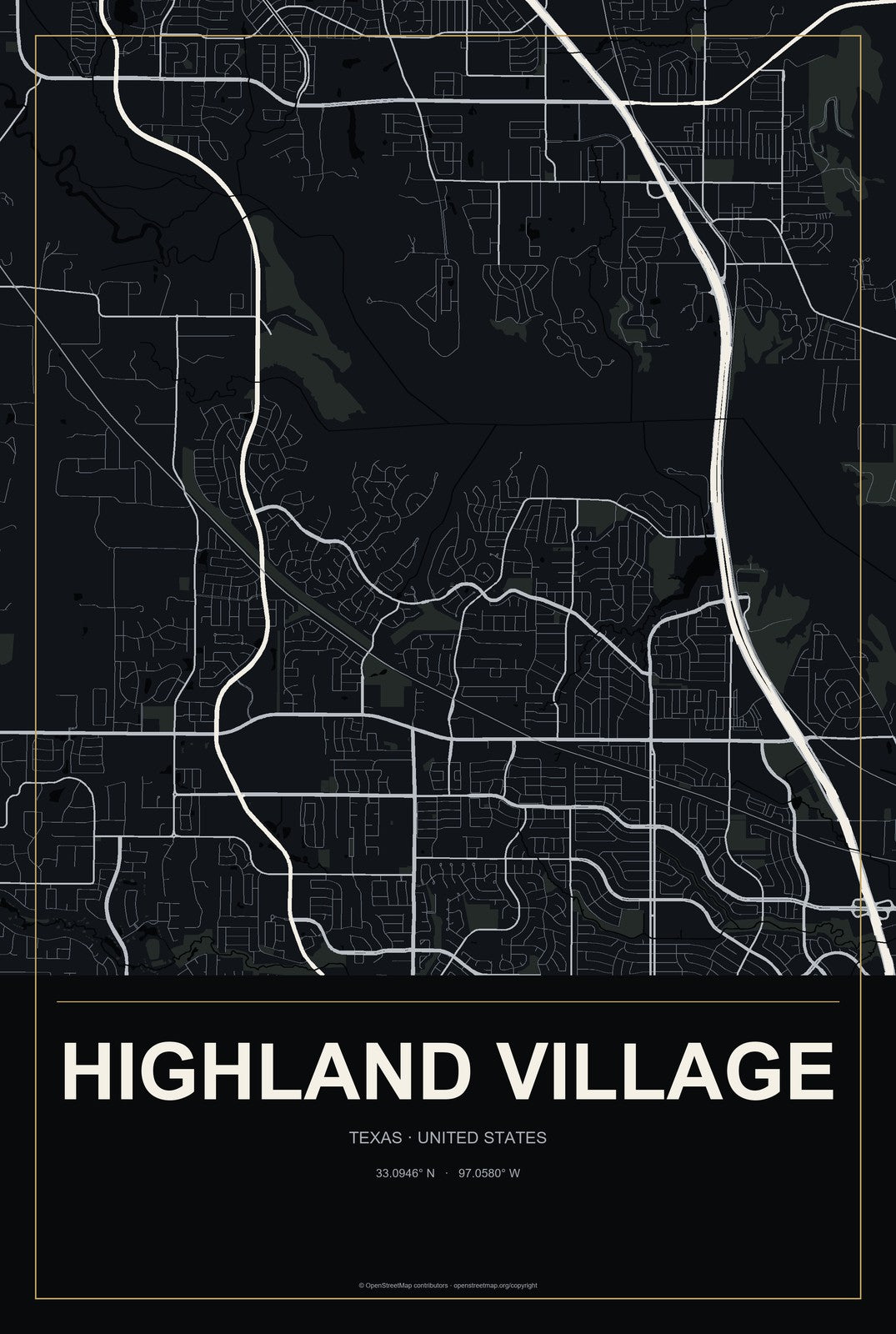 Highland Village, Texas City Map Aluminum Sign in Metropolitan Noir style