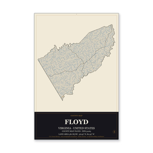Floyd County, Virginia Map Aluminum Sign in Museum Plaque style