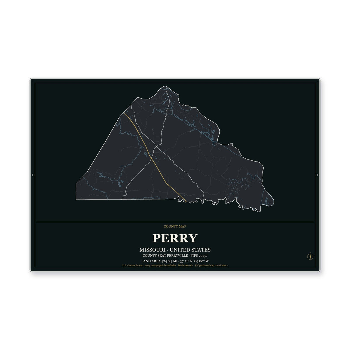 Perry County, Missouri Map Aluminum Sign in Metropolitan Noir style