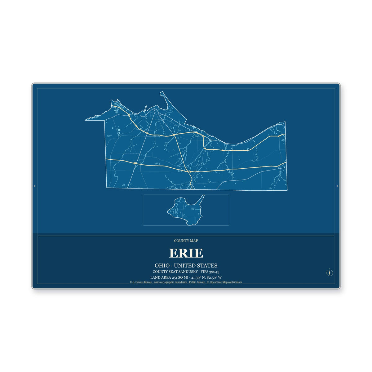 Erie County, Ohio Map Aluminum Sign in Harbor Cobalt style