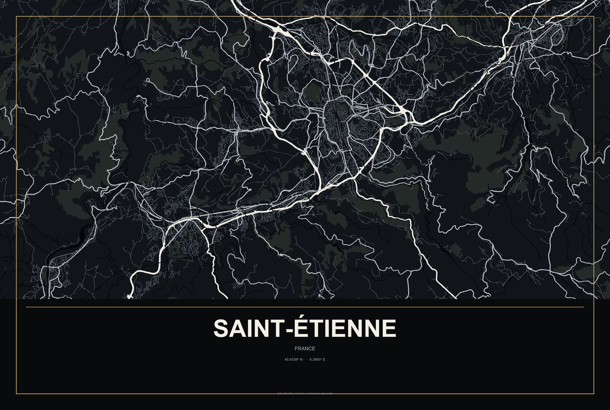 Saint-Étienne, France City Map Aluminum Sign in Metropolitan Noir style