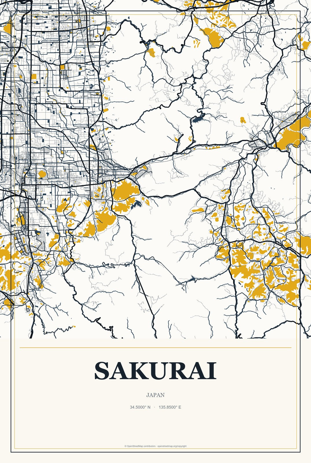 Sakurai, Japan City Map Aluminum Sign in Citrine Modern style