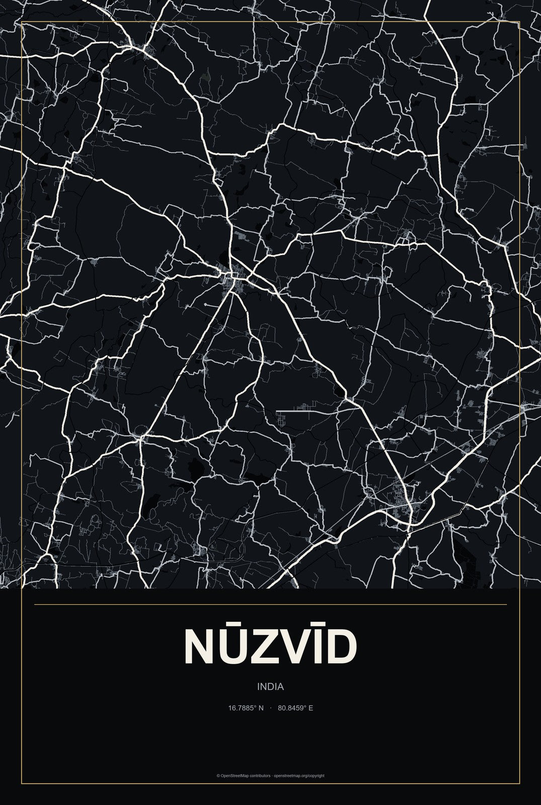 Nūzvīd, India City Map Aluminum Sign in Metropolitan Noir style
