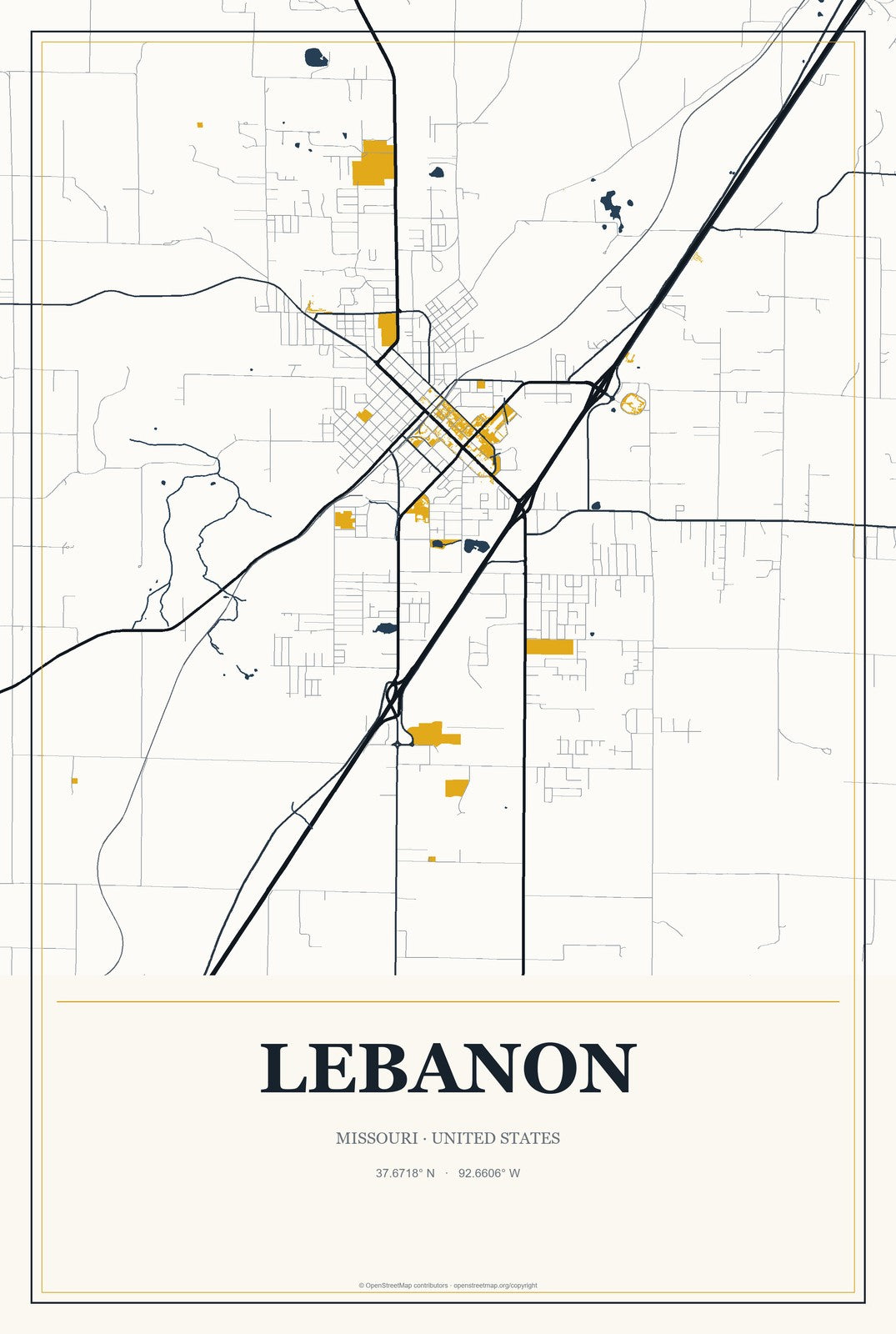 Lebanon, Missouri City Map Aluminum Sign in Citrine Modern style