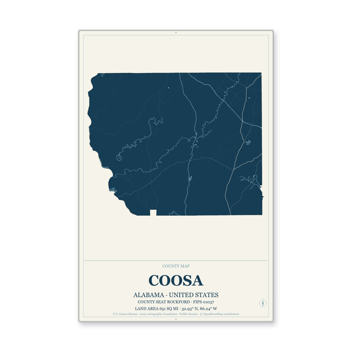 Coosa County, Alabama Map Aluminum Sign in Coastal Cutout style
