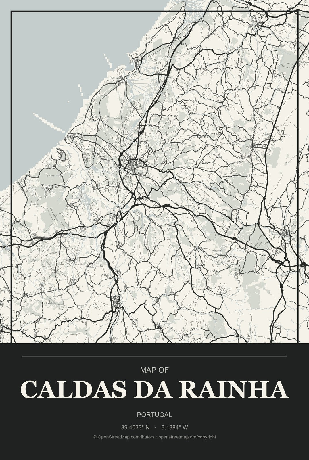 Caldas da Rainha, Portugal City Map Aluminum Sign in Museum Plaque style
