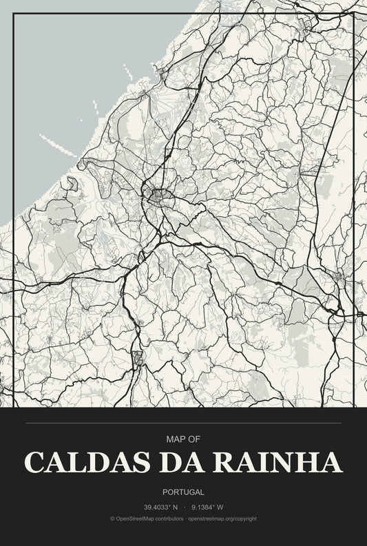 Caldas da Rainha, Portugal City Map Aluminum Sign in Museum Plaque style