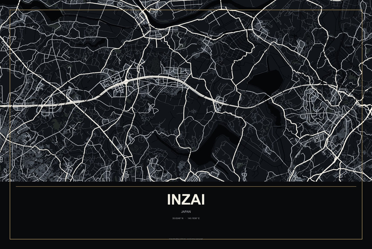 Inzai, Japan City Map Aluminum Sign in Metropolitan Noir style