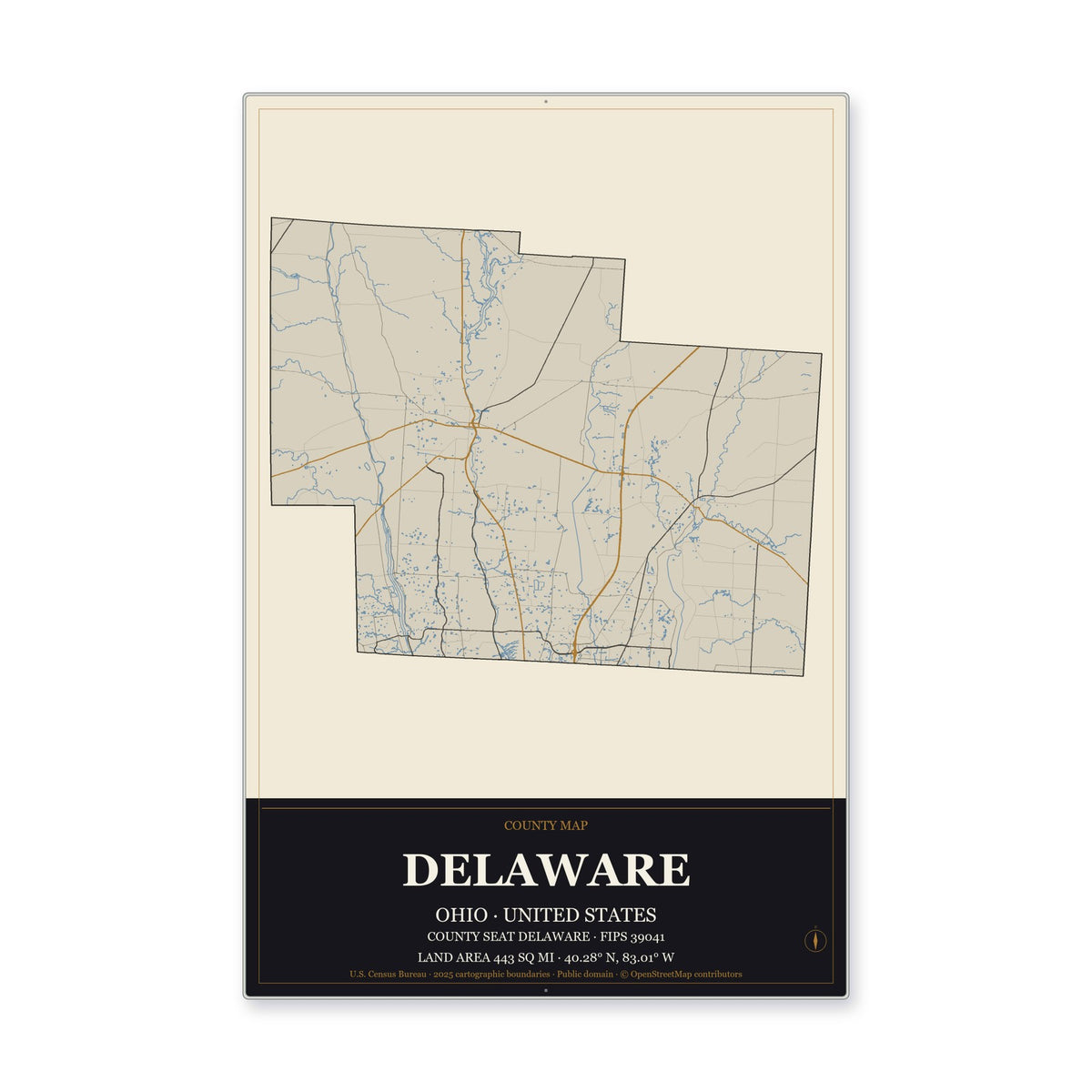 Delaware County, Ohio Map Aluminum Sign in Museum Plaque style