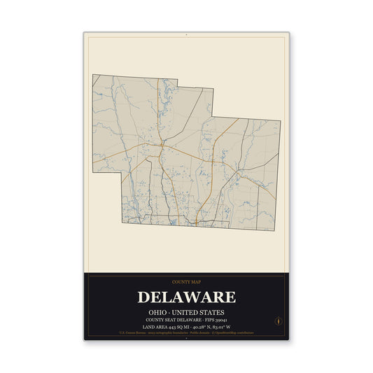 Delaware County, Ohio Map Aluminum Sign in Museum Plaque style