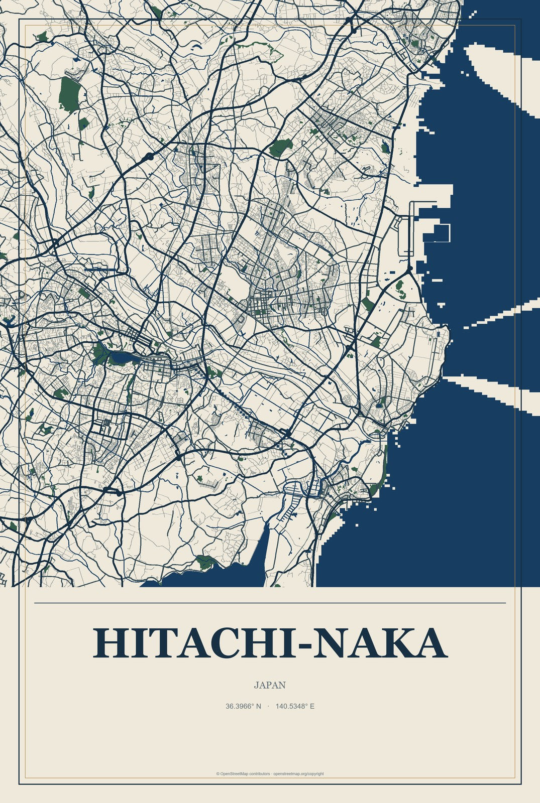 Hitachi-Naka, Japan City Map Aluminum Sign in Coastal Cutout style