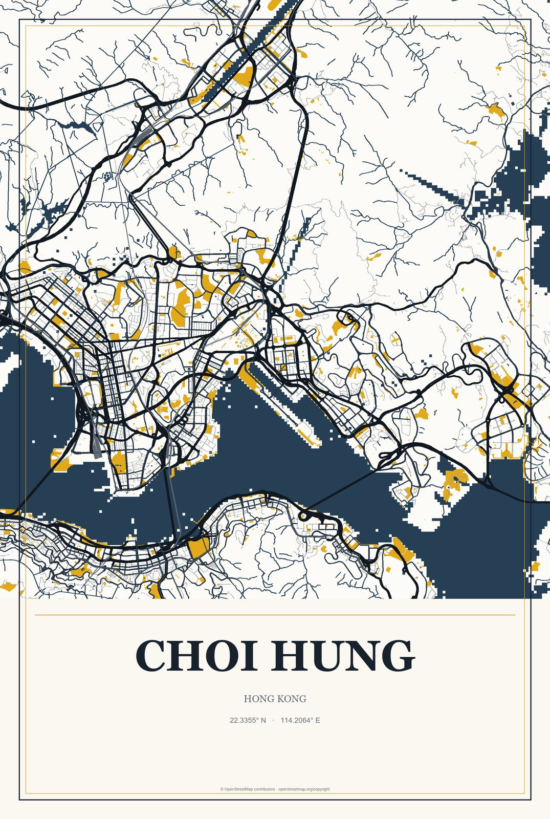 Choi Hung, Hong Kong City Map Aluminum Sign in Citrine Modern style